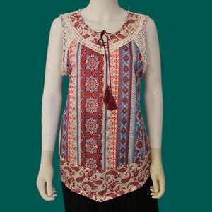 3/$30 CATO Floral Tribal Paisley Lace Tassel Sleeveless V-Neck Blouse